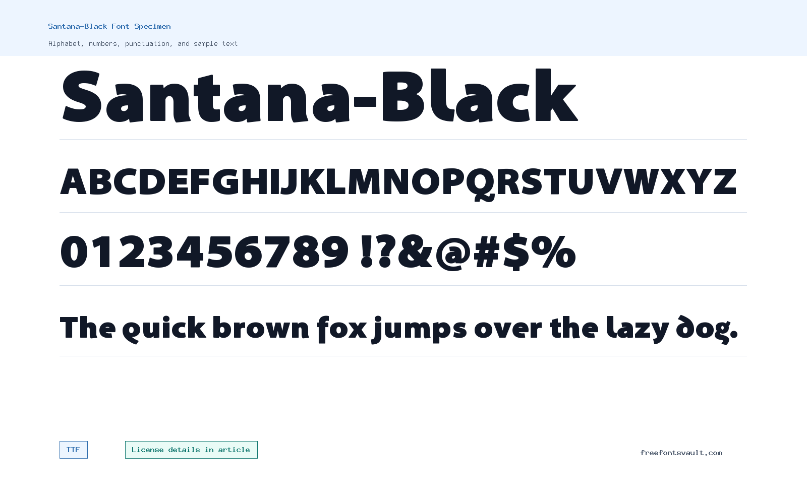 Santana-Black font specimen showing alphabet, numbers, and sample text