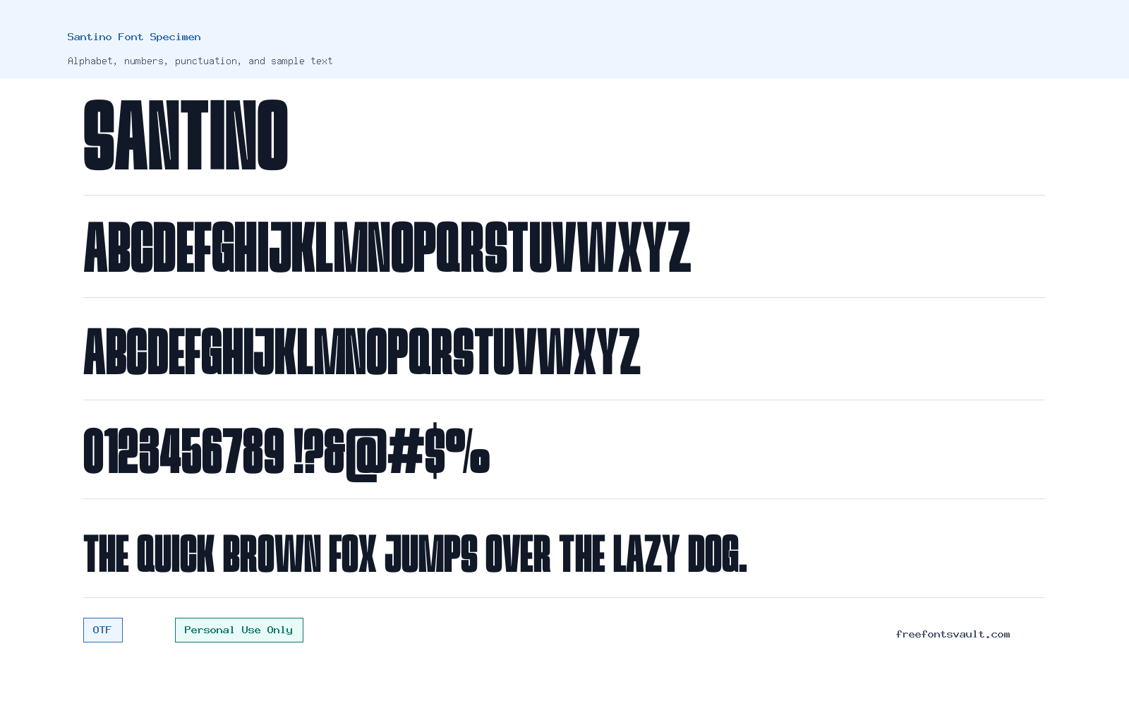 Santino font specimen showing alphabet, numbers, and sample text