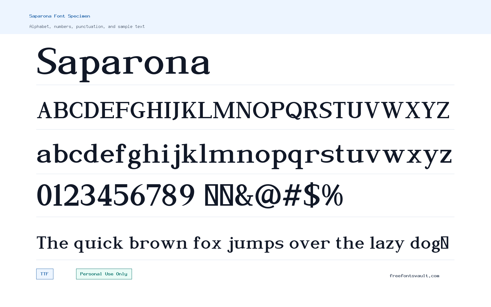 Saparona font specimen showing alphabet, numbers, and sample text