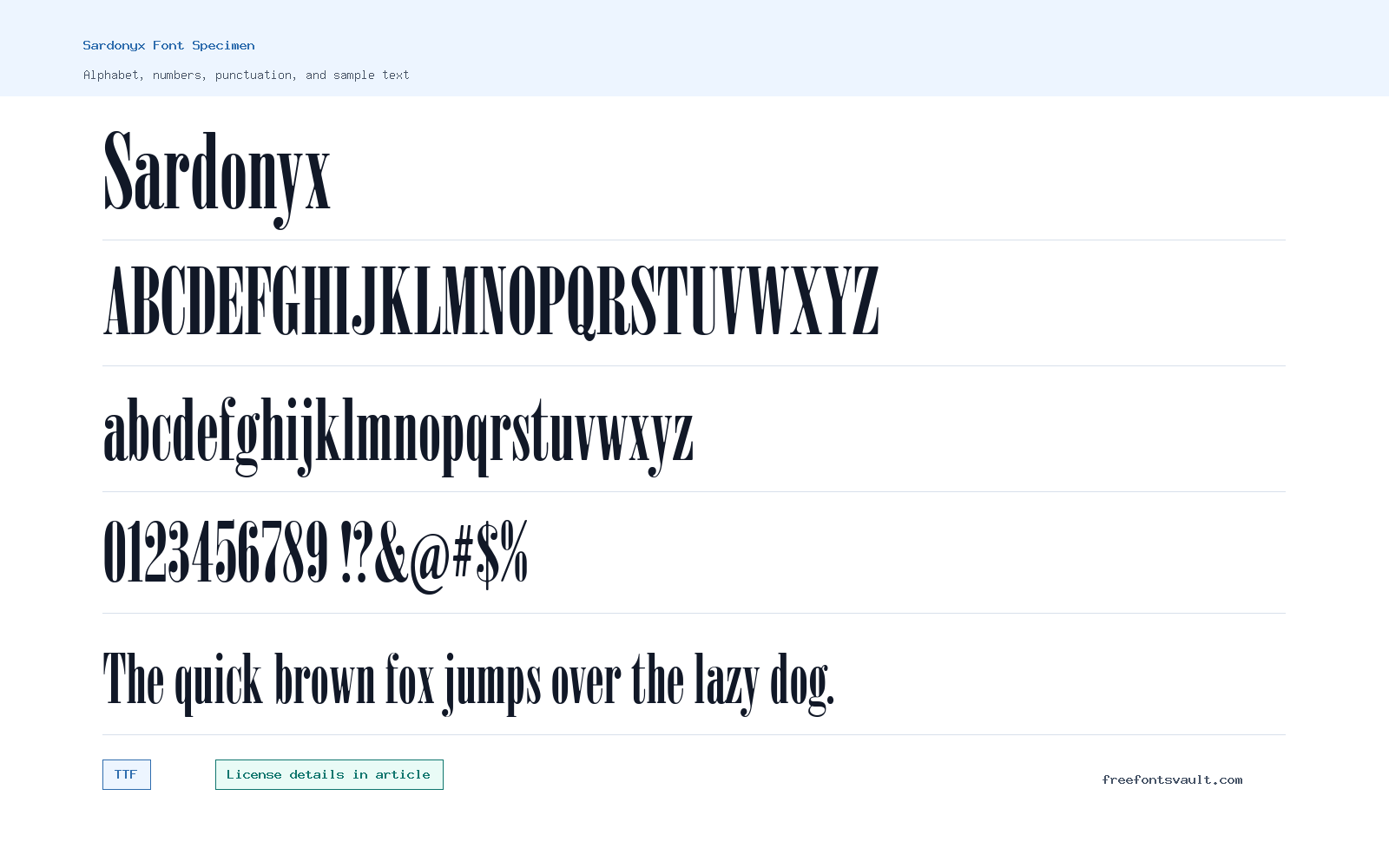 Sardonyx font specimen showing alphabet, numbers, and sample text
