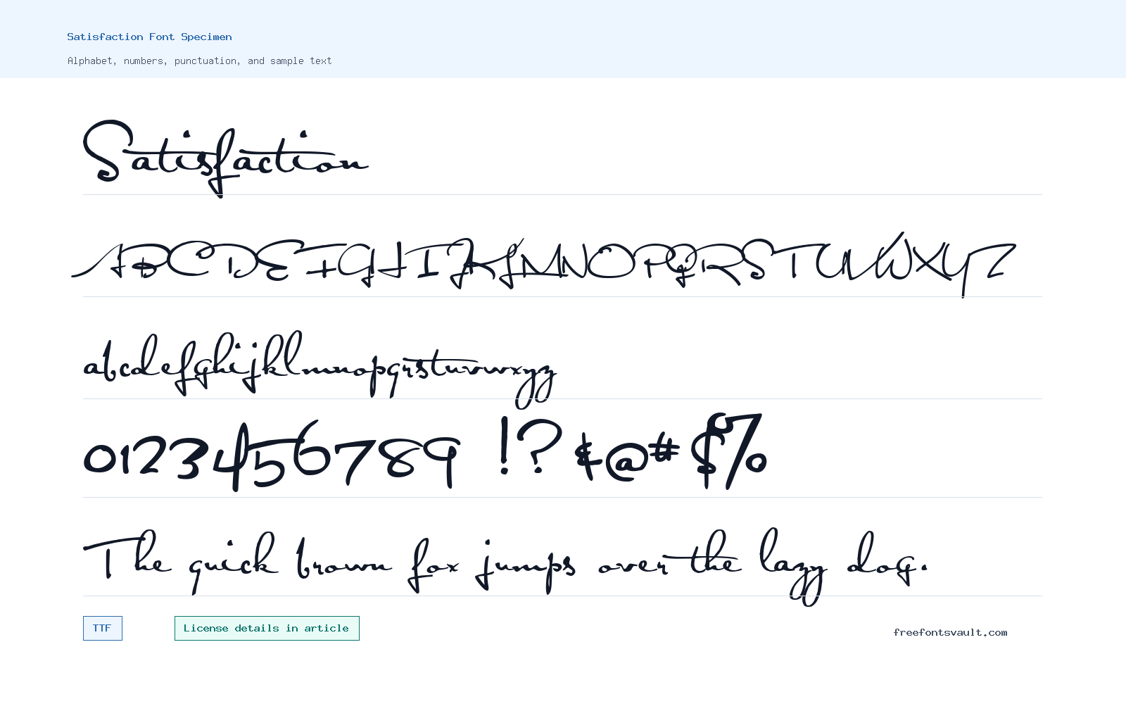 Satisfaction font specimen showing alphabet, numbers, and sample text
