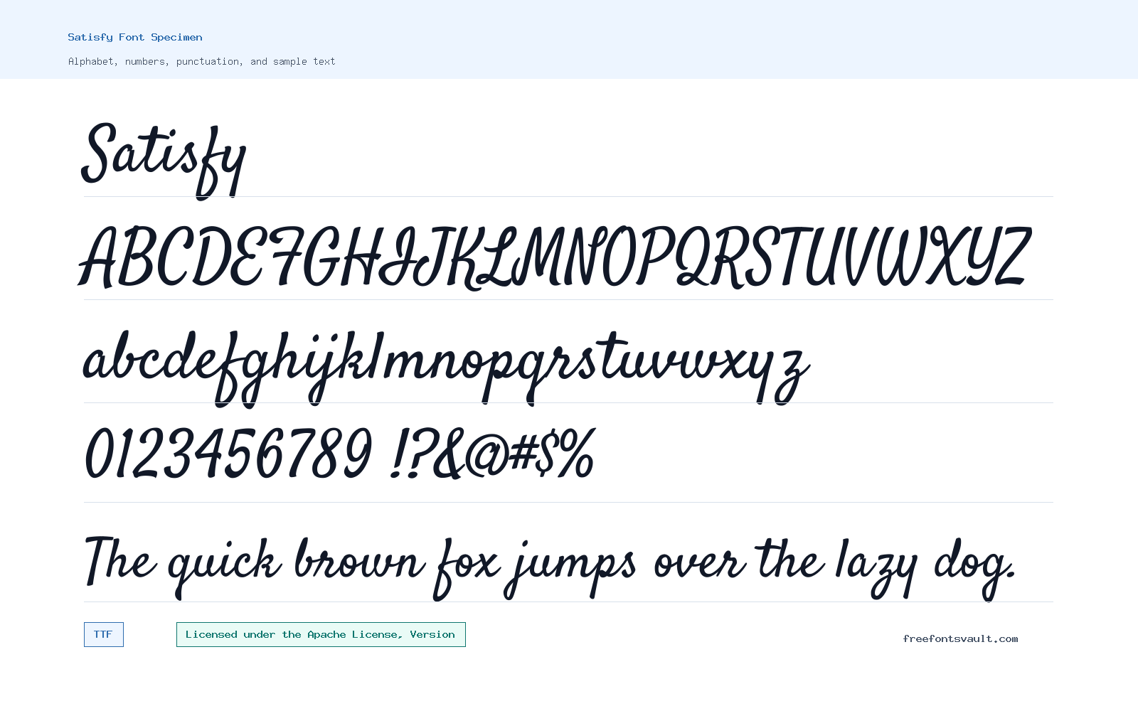 Satisfy font specimen showing alphabet, numbers, and sample text