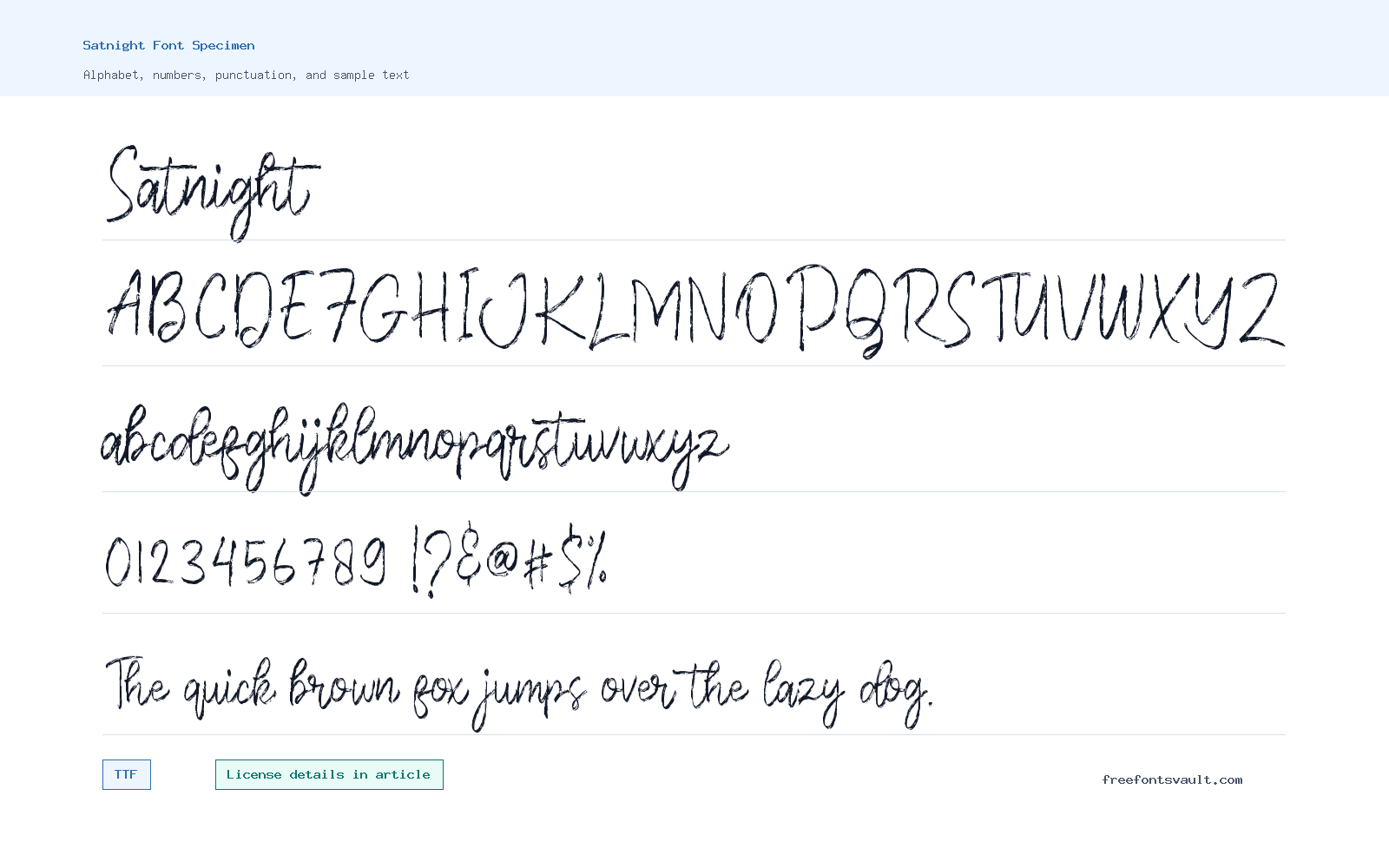 Satnight font specimen showing alphabet, numbers, and sample text