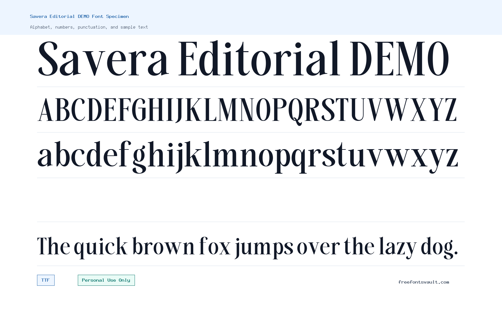 Savera Editorial DEMO font specimen showing alphabet, numbers, and sample text
