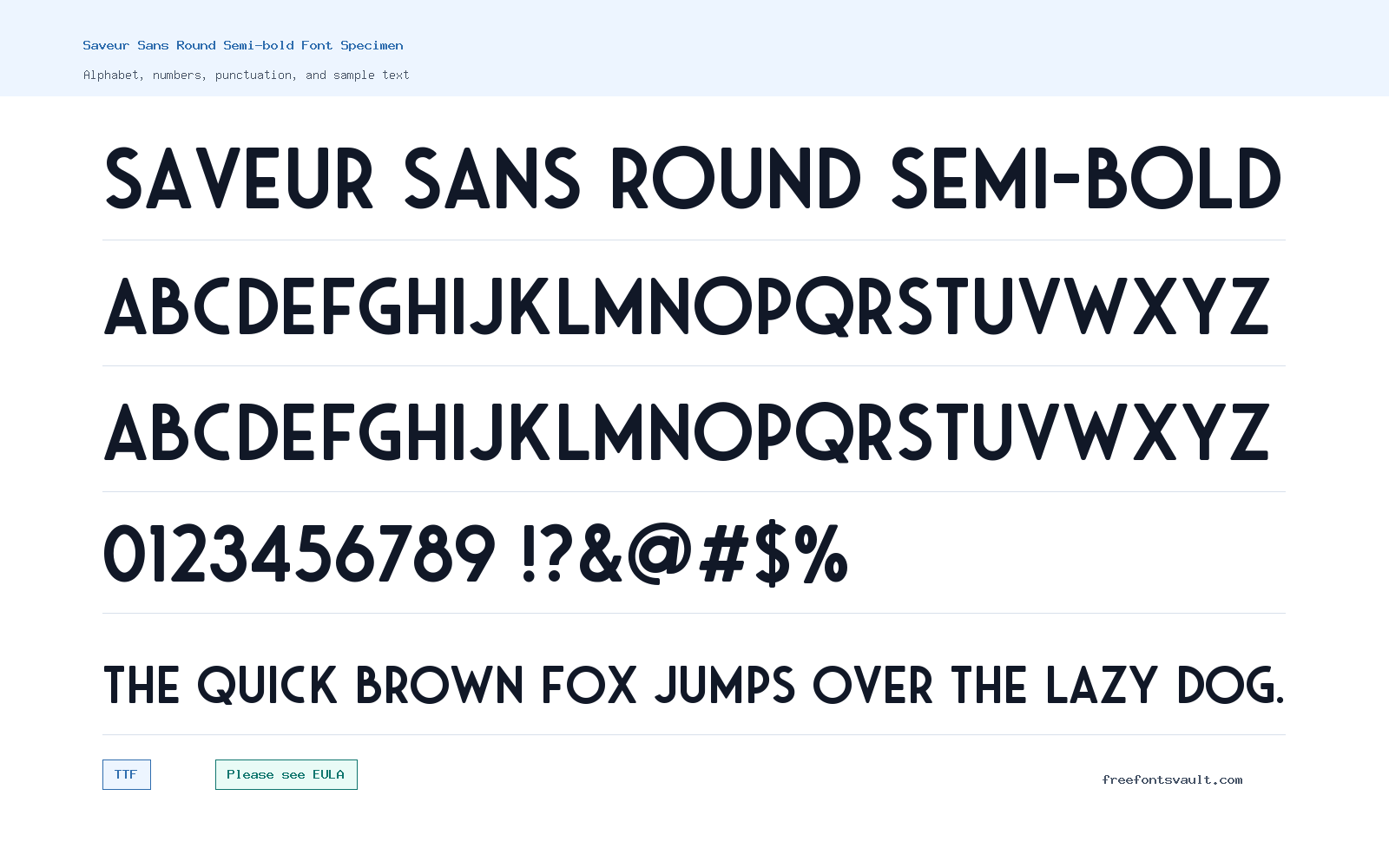 Saveur Sans Round Semi-bold font specimen showing alphabet, numbers, and sample text