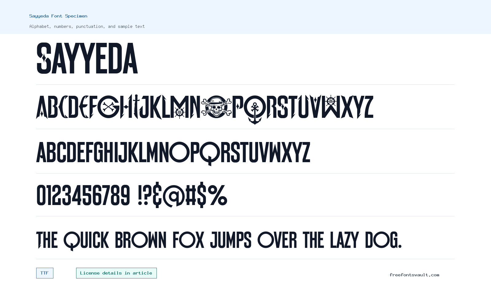 Sayyeda font specimen showing alphabet, numbers, and sample text