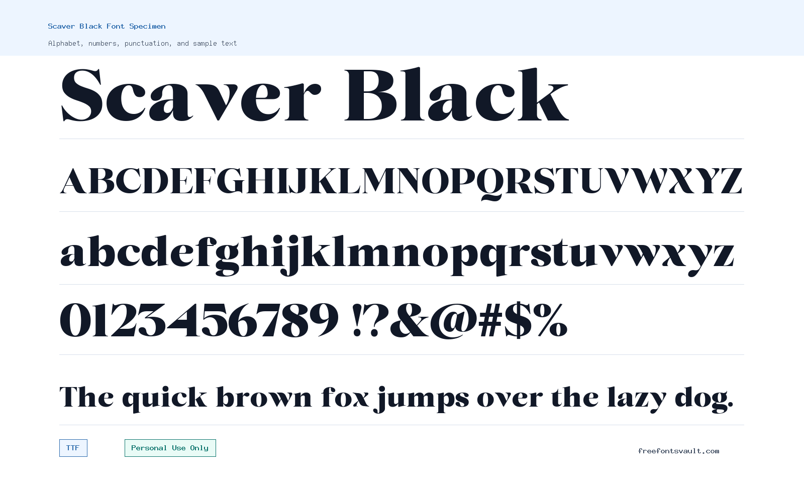 Scaver Black font specimen showing alphabet, numbers, and sample text