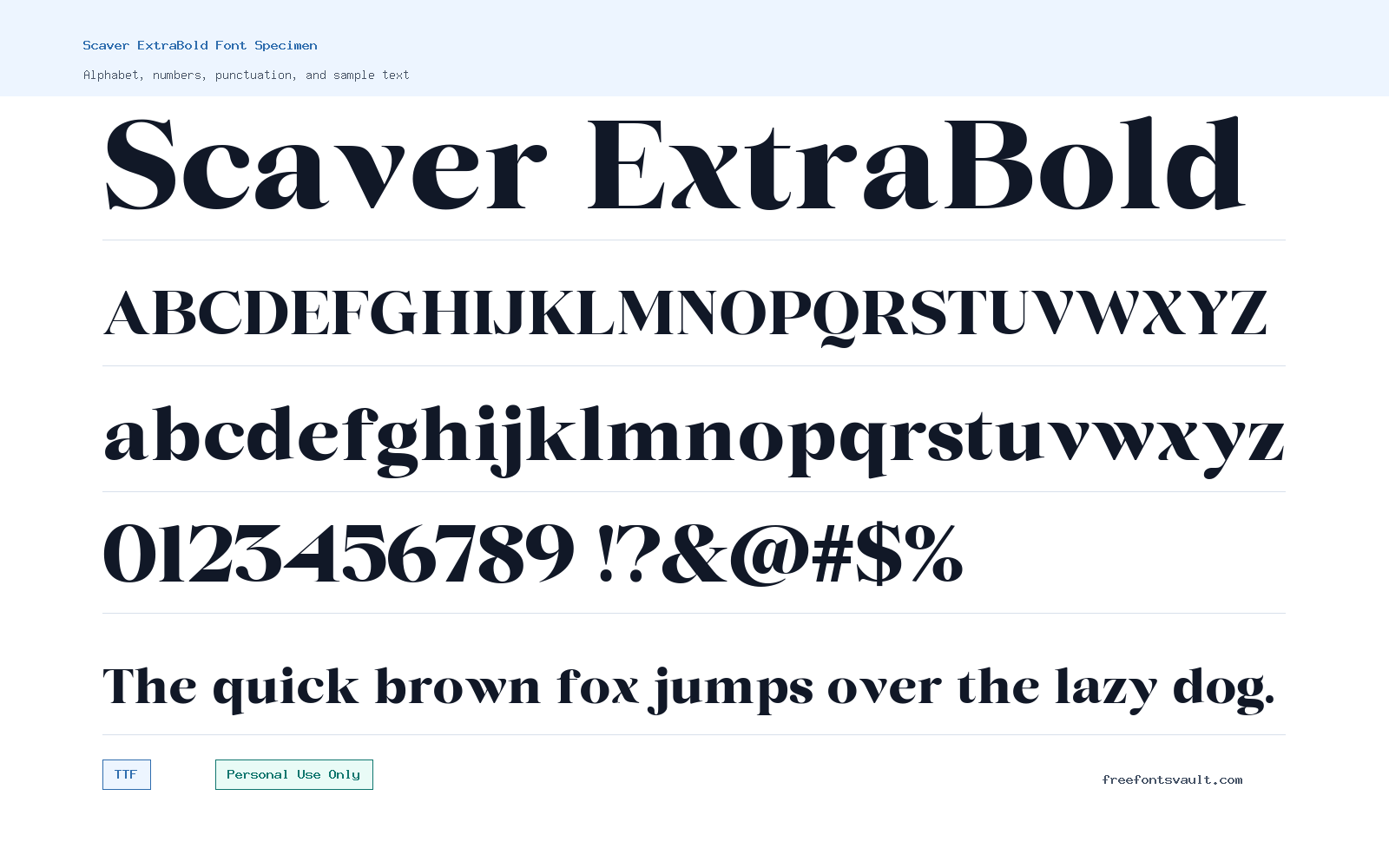Scaver ExtraBold font specimen showing alphabet, numbers, and sample text