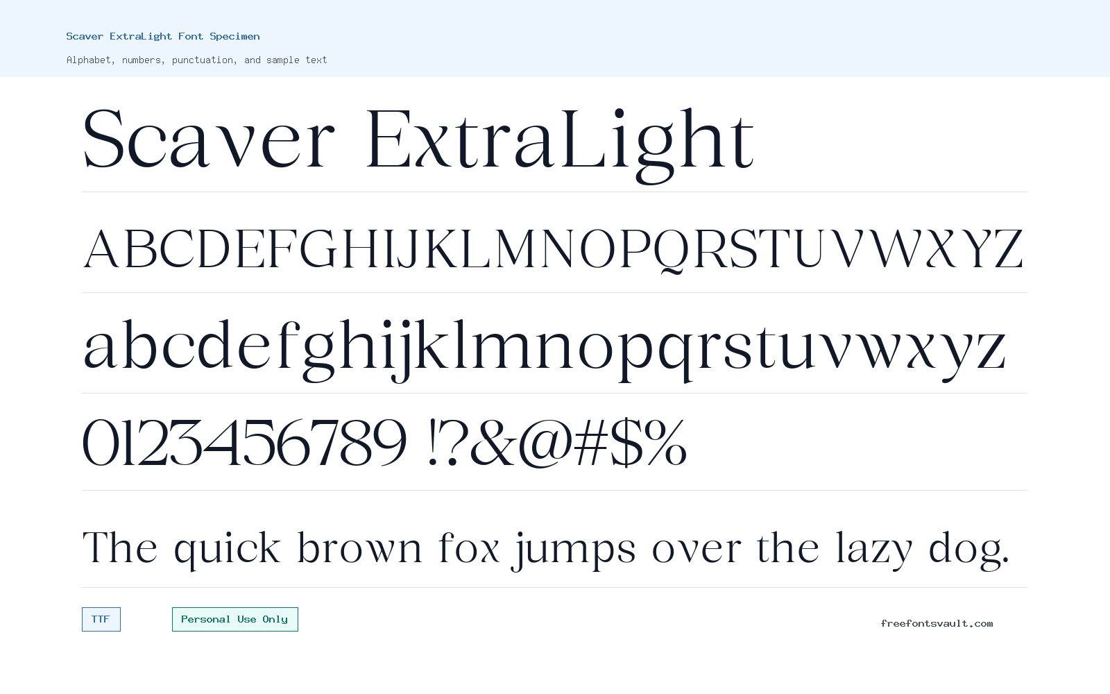 Scaver ExtraLight font specimen showing alphabet, numbers, and sample text