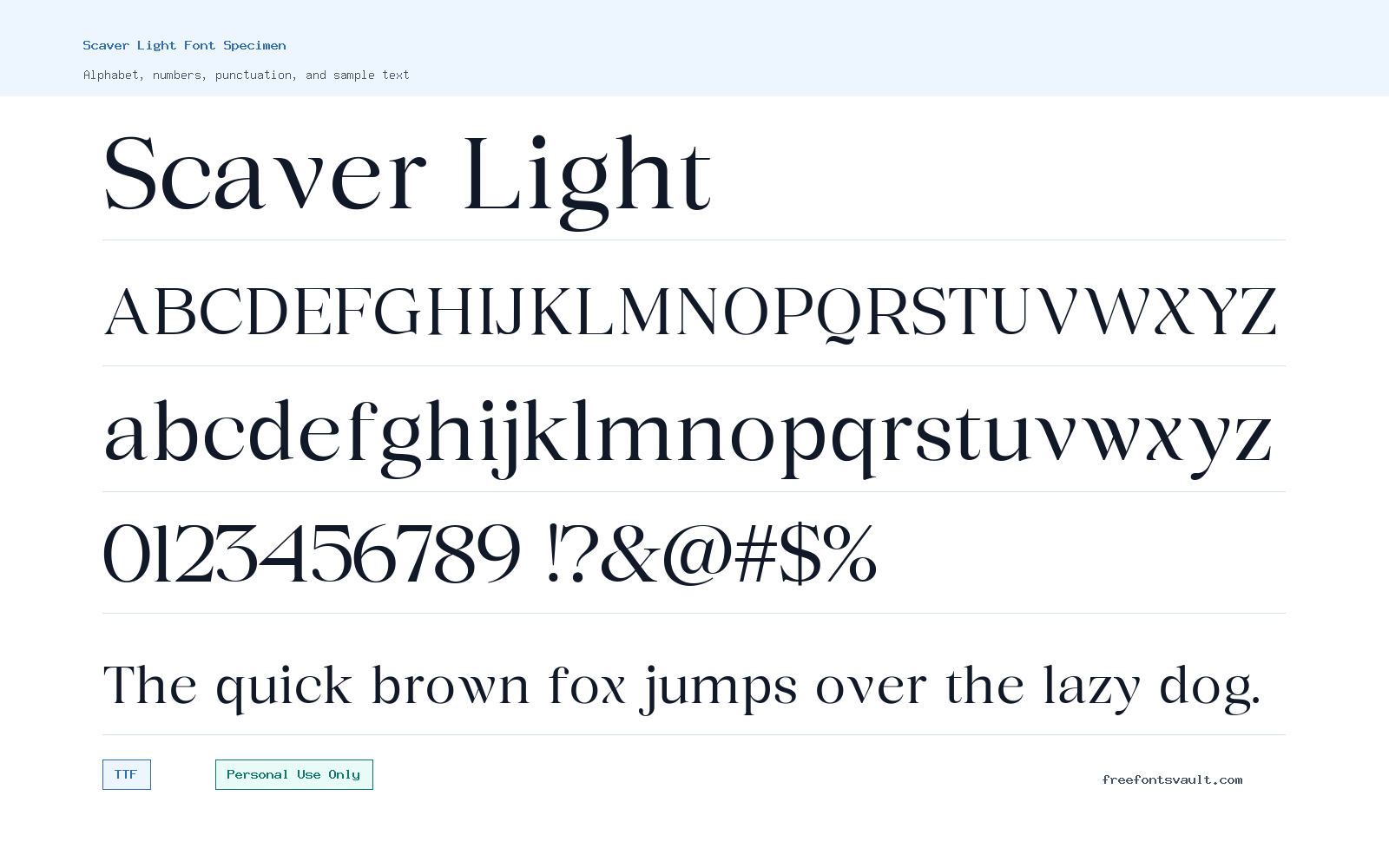 Scaver Light font specimen showing alphabet, numbers, and sample text