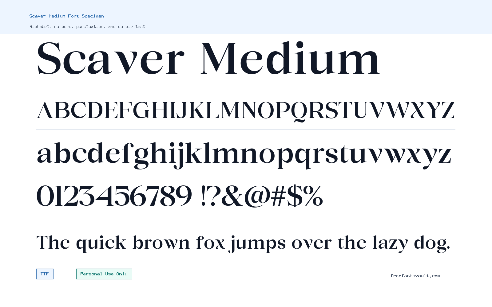 Scaver Medium font specimen showing alphabet, numbers, and sample text