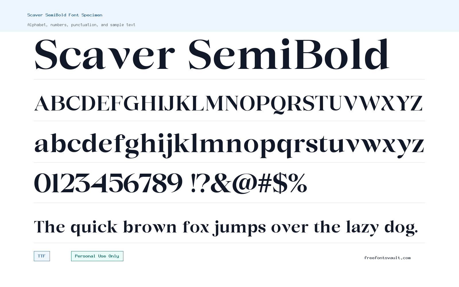 Scaver SemiBold font specimen showing alphabet, numbers, and sample text