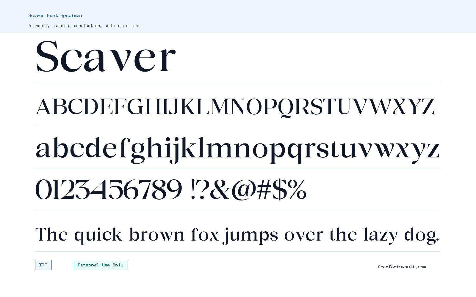 Scaver font specimen showing alphabet, numbers, and sample text