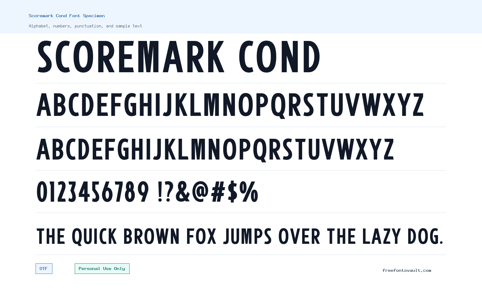 Scoremark Cond font specimen showing alphabet, numbers, and sample text
