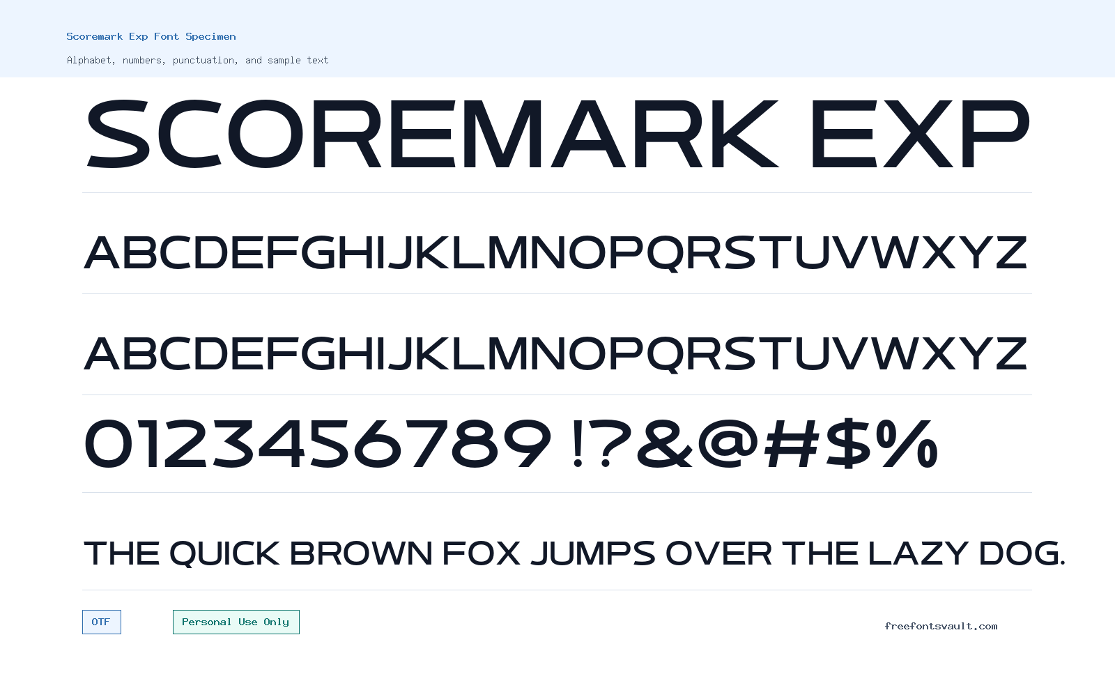 Scoremark Exp font specimen showing alphabet, numbers, and sample text
