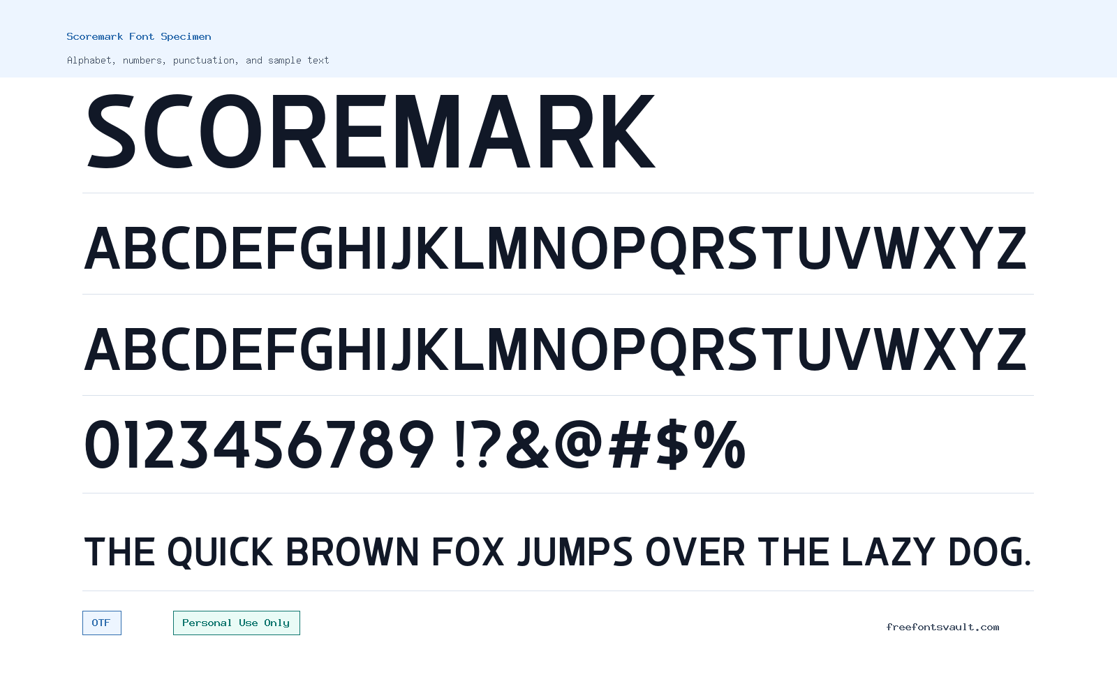 Scoremark font specimen showing alphabet, numbers, and sample text