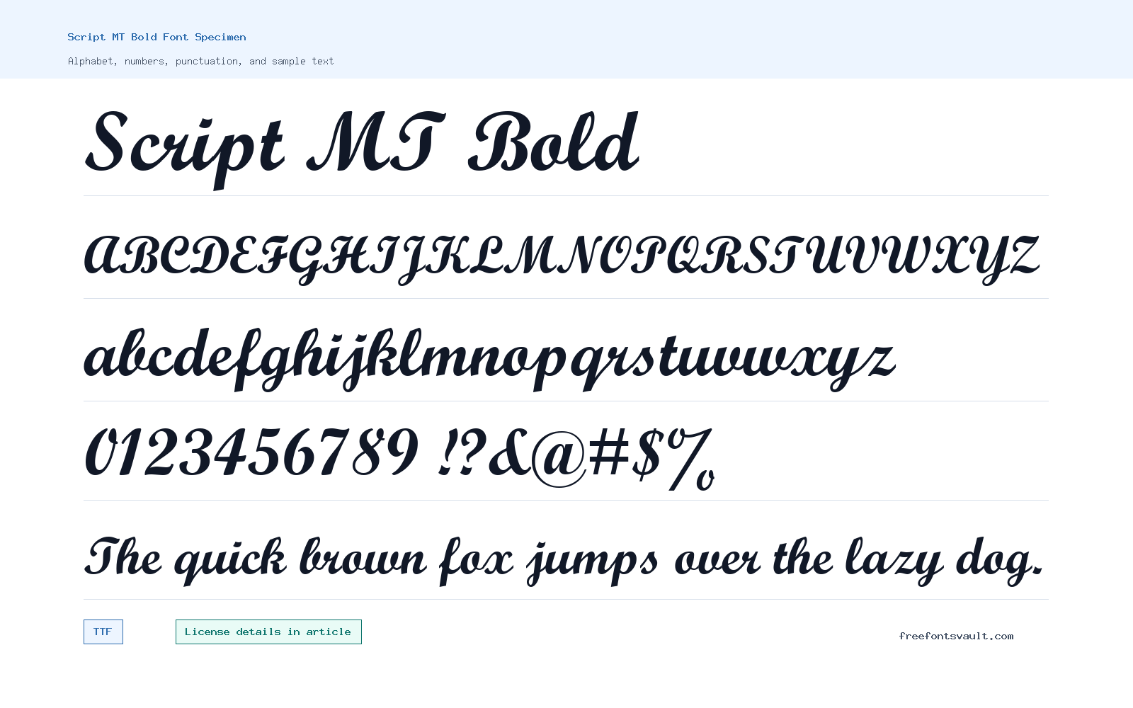 Script MT Bold font specimen showing alphabet, numbers, and sample text