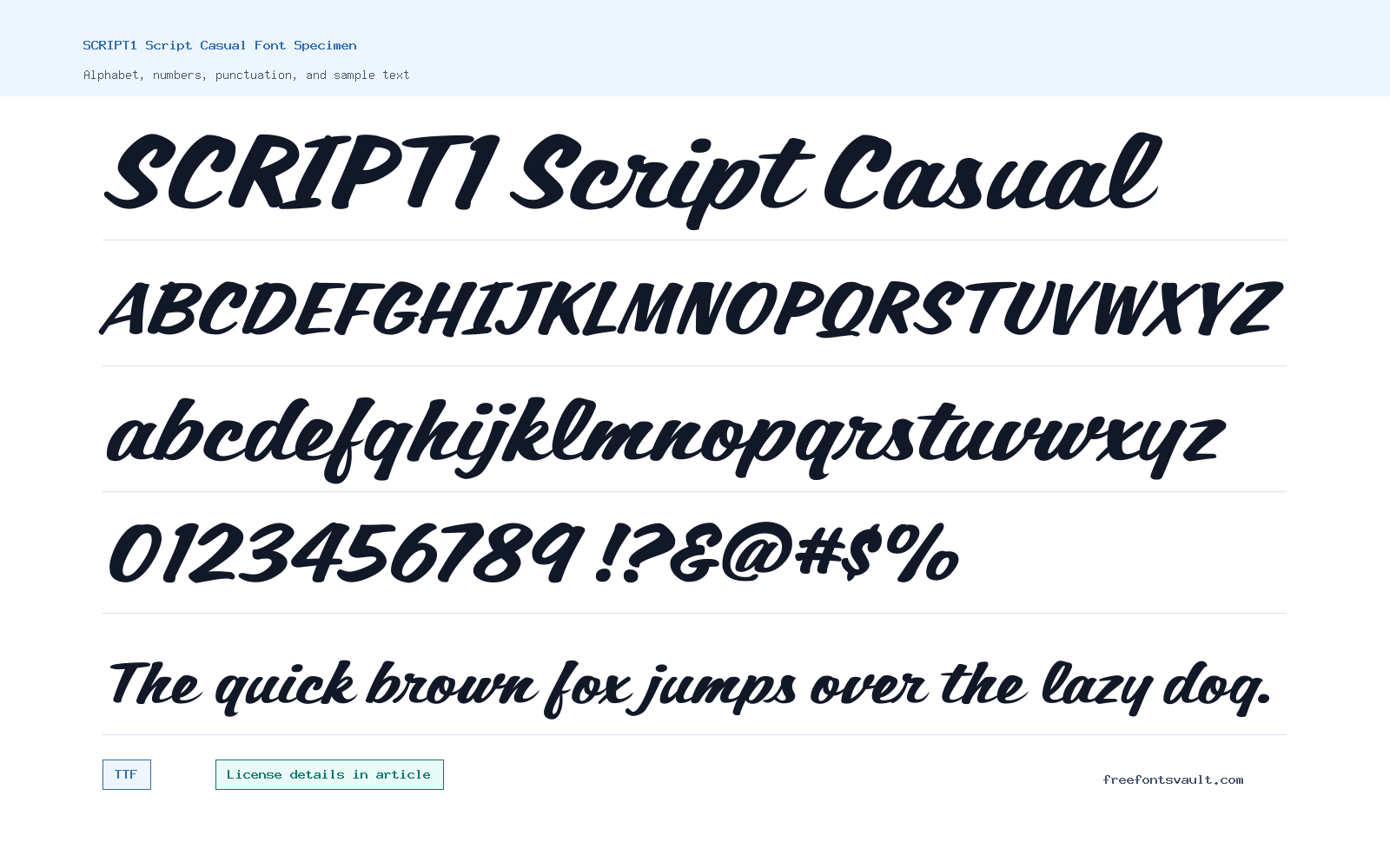 SCRIPT1 Script Casual font specimen showing alphabet, numbers, and sample text
