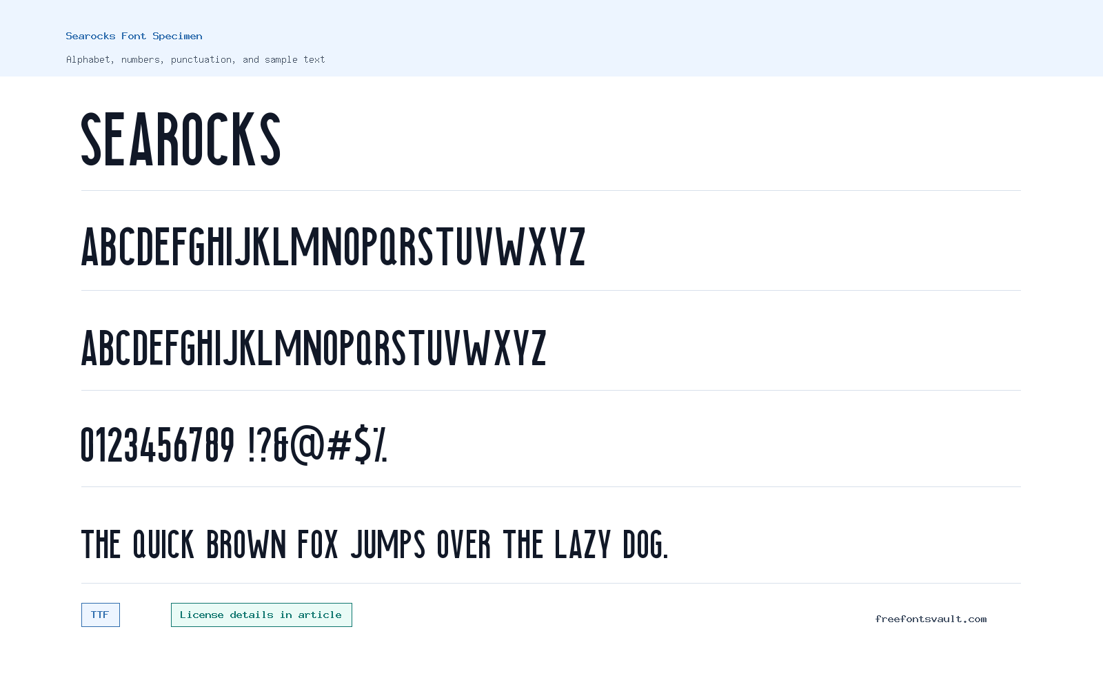 Searocks font specimen showing alphabet, numbers, and sample text