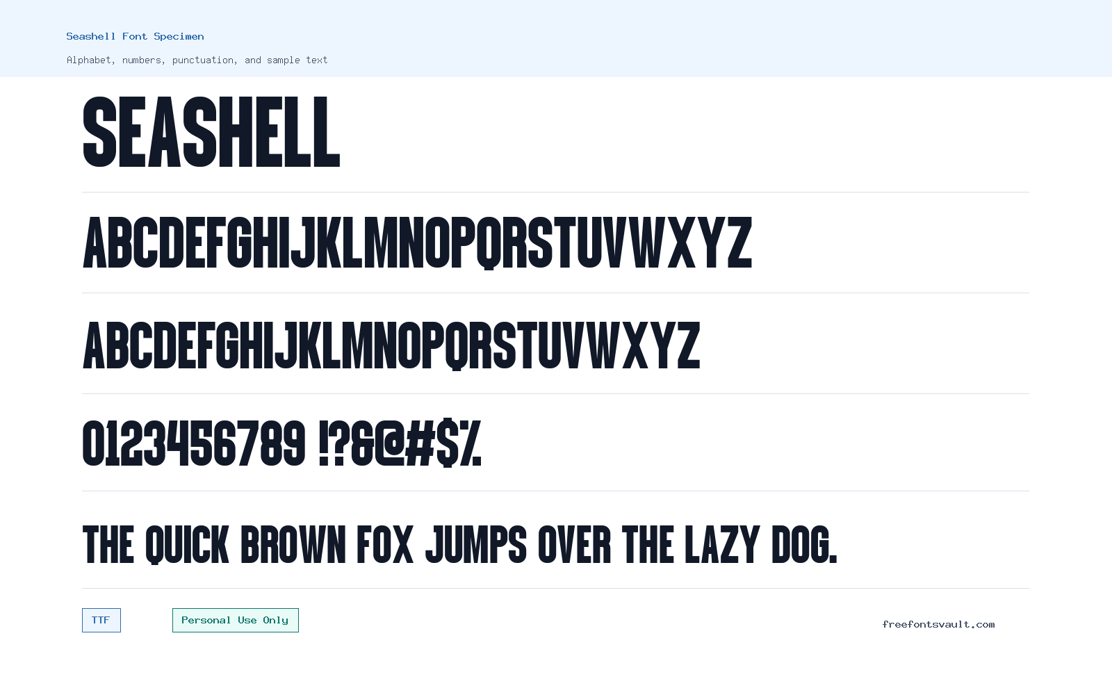 Seashell font specimen showing alphabet, numbers, and sample text