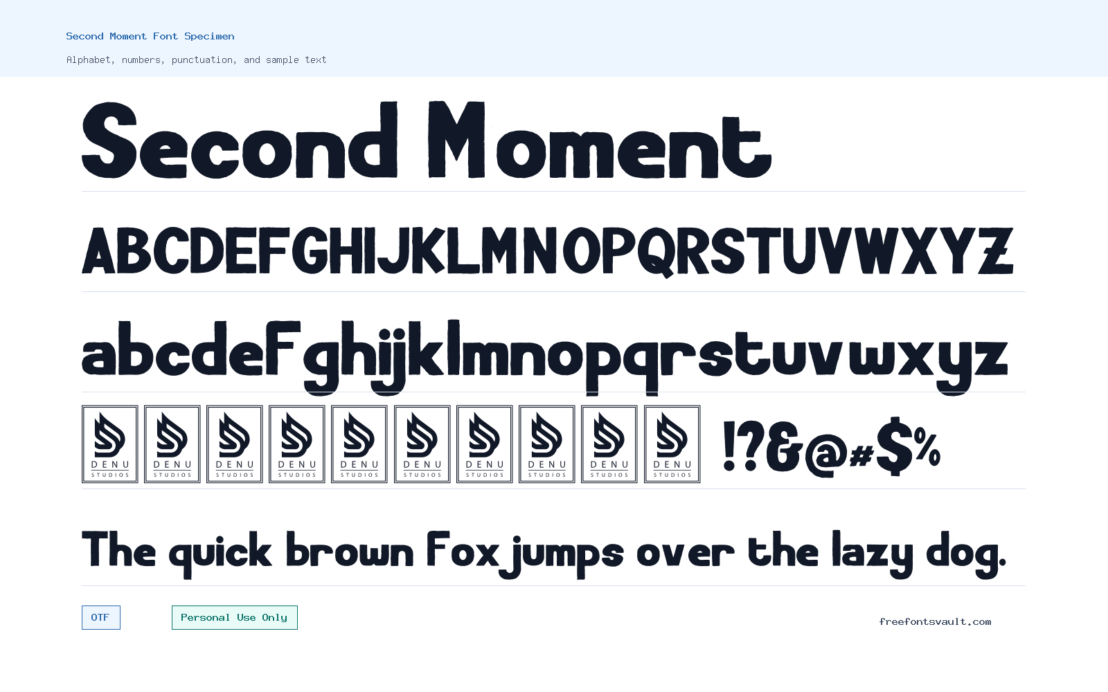 Second Moment font specimen showing alphabet, numbers, and sample text