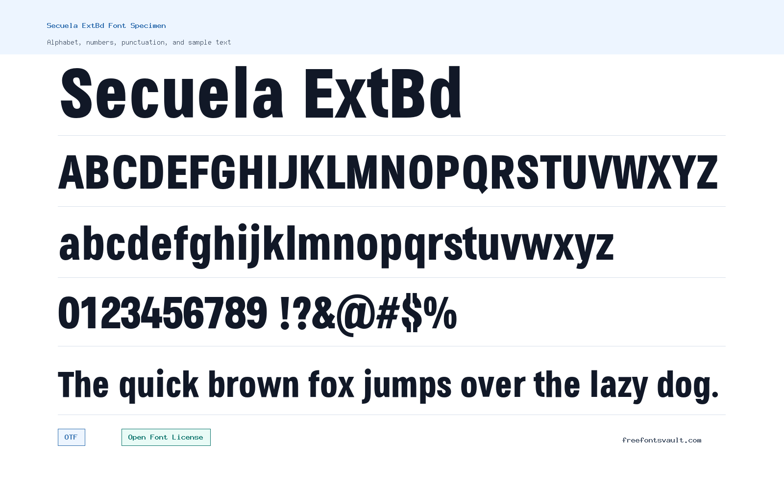 Secuela ExtBd font specimen showing alphabet, numbers, and sample text