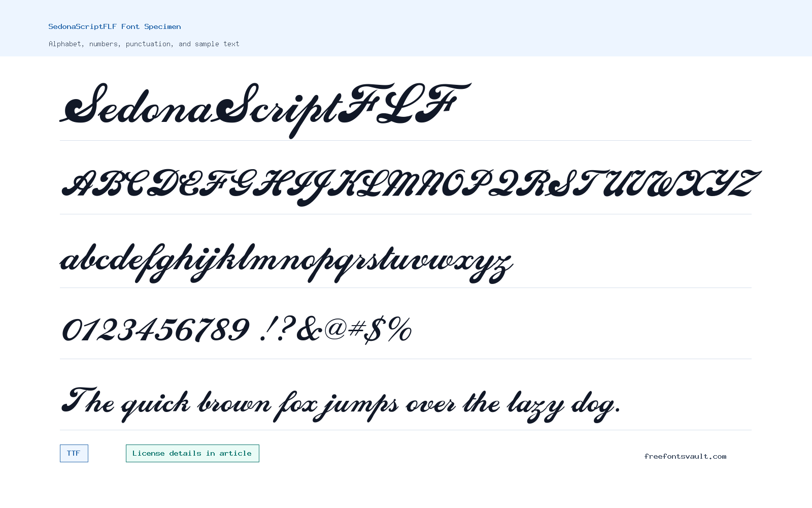 SedonaScriptFLF font specimen showing alphabet, numbers, and sample text