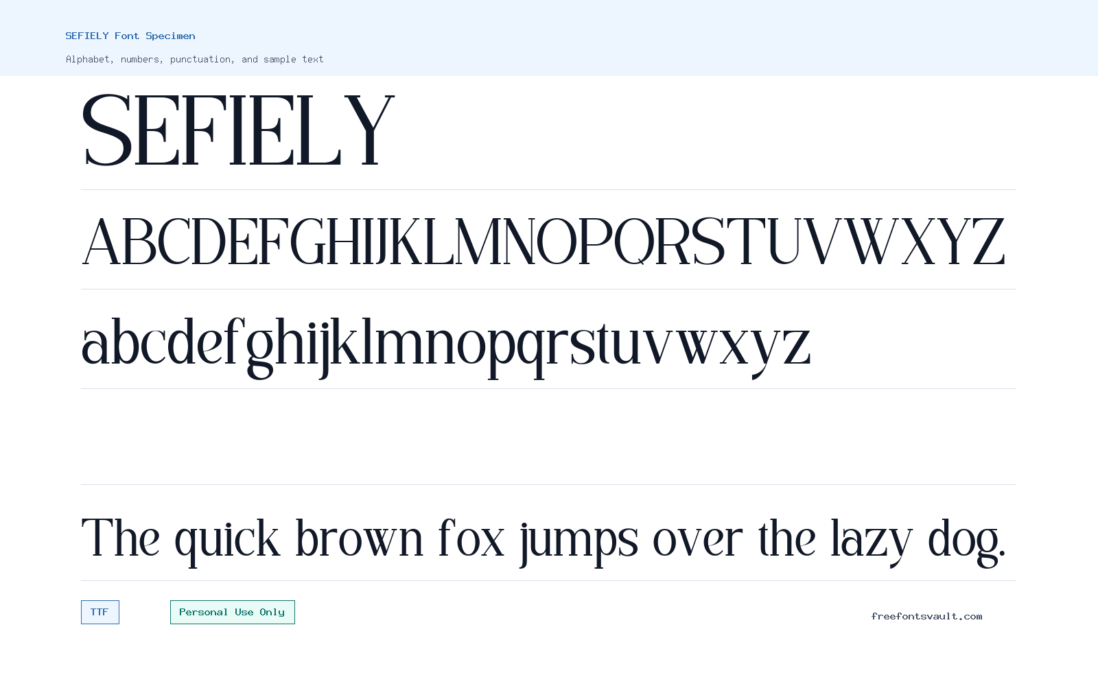 SEFIELY font specimen showing alphabet, numbers, and sample text