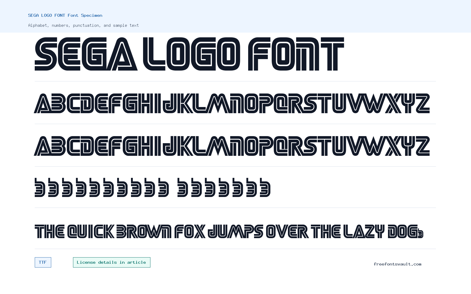 SEGA LOGO FONT font specimen showing alphabet, numbers, and sample text