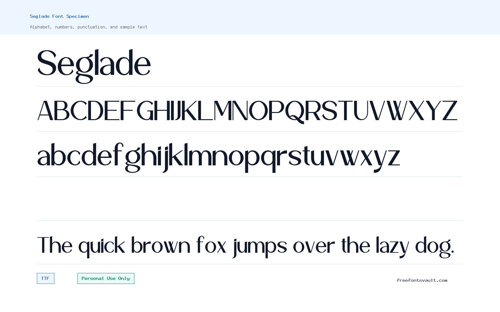 Seglade font specimen showing alphabet, numbers, and sample text