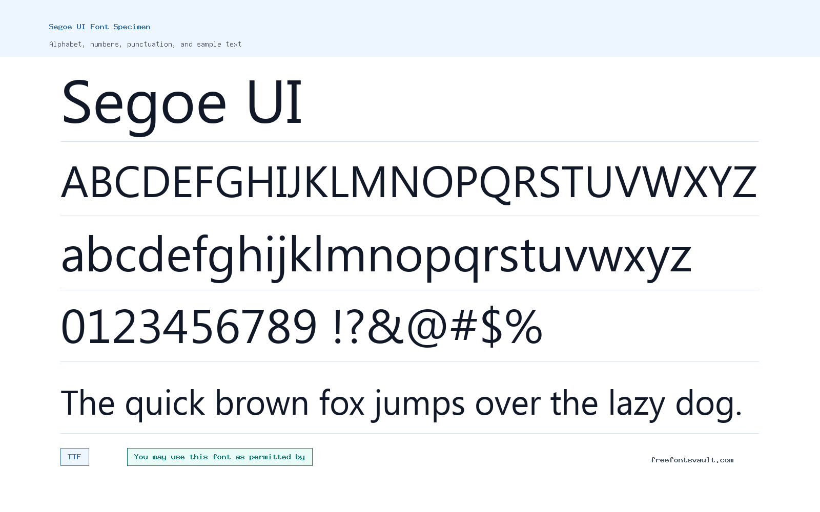Segoe UI font specimen showing alphabet, numbers, and sample text