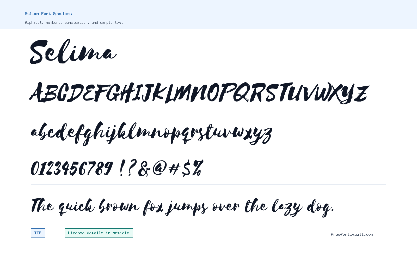 Selima font specimen showing alphabet, numbers, and sample text