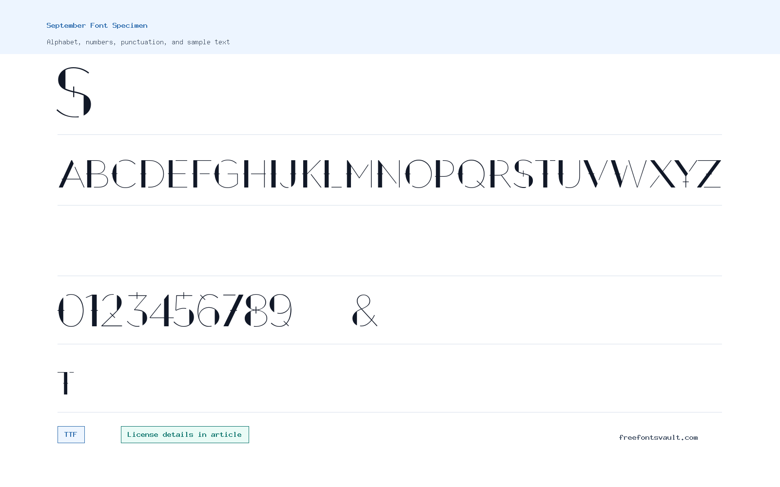September  font specimen showing alphabet, numbers, and sample text