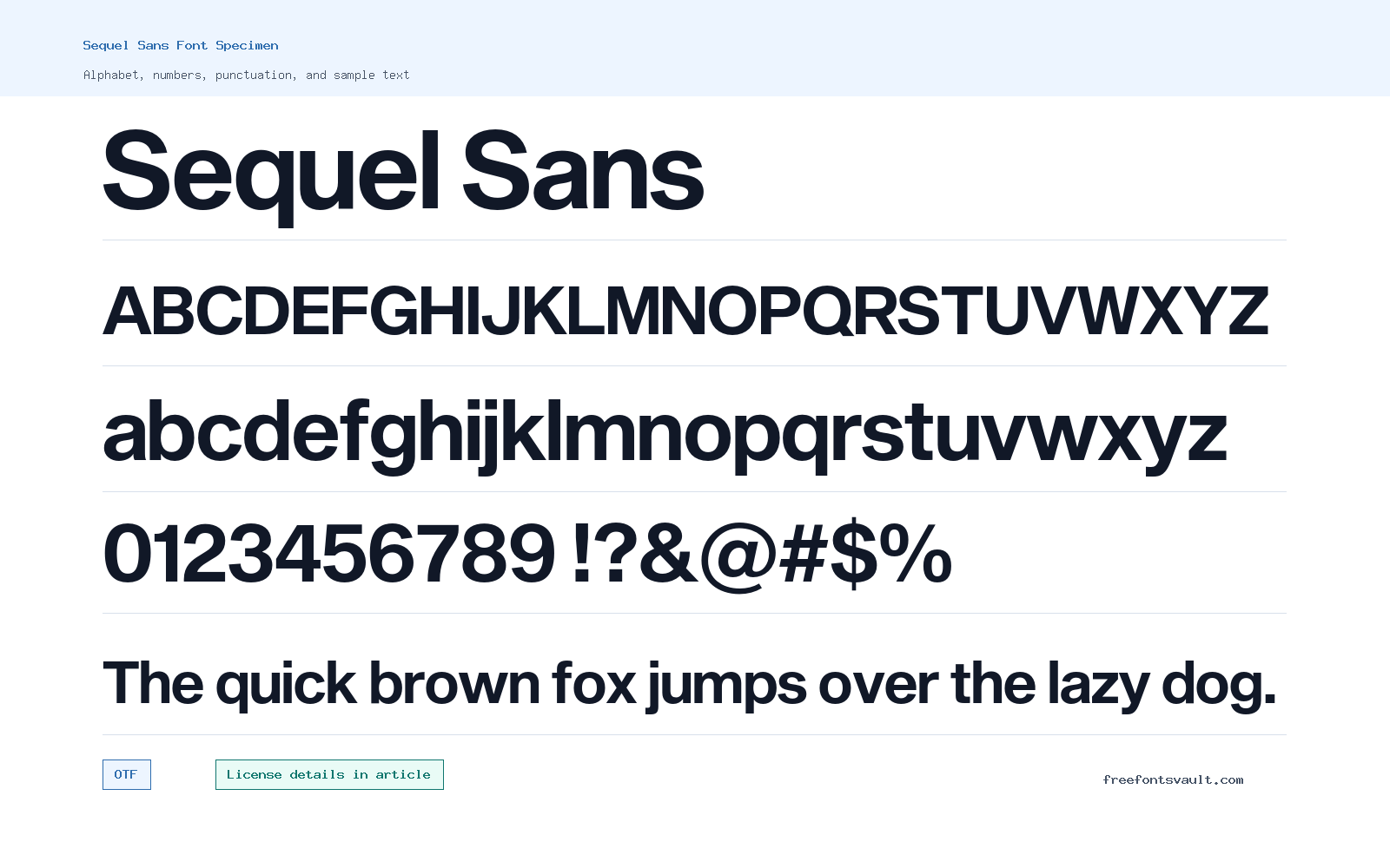 Sequel Sans font specimen showing alphabet, numbers, and sample text