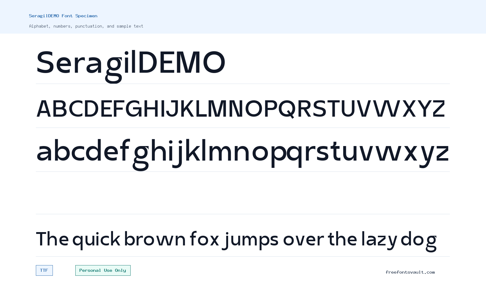 SeragilDEMO font specimen showing alphabet, numbers, and sample text