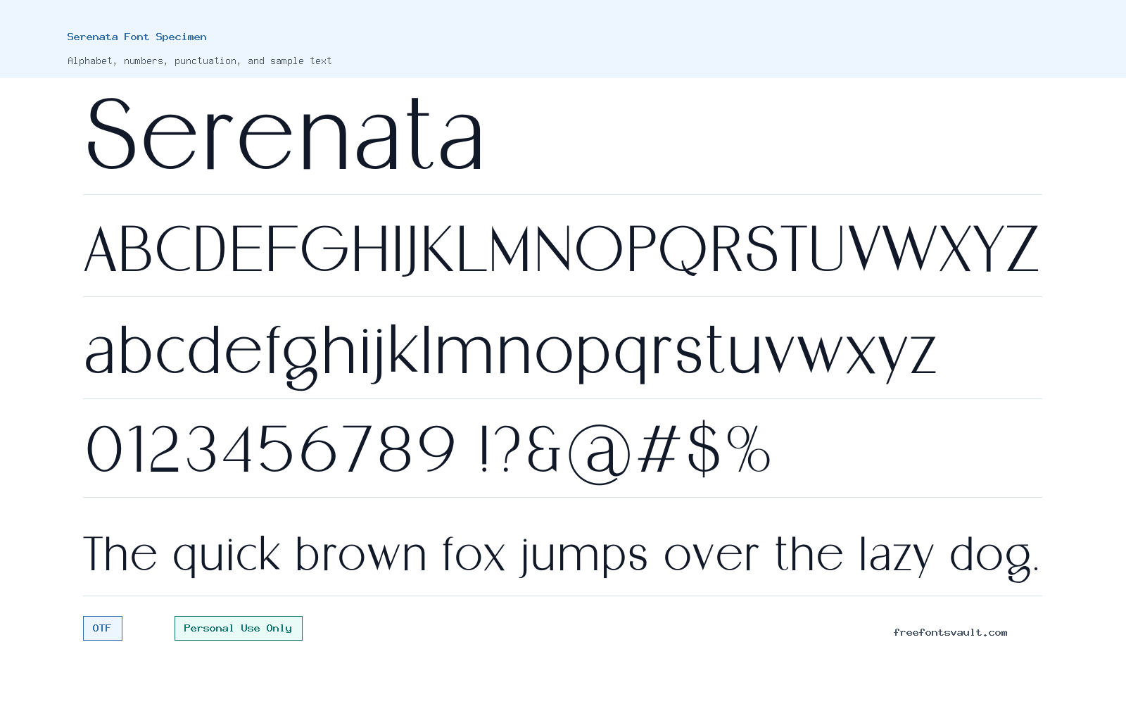 Serenata font specimen showing alphabet, numbers, and sample text