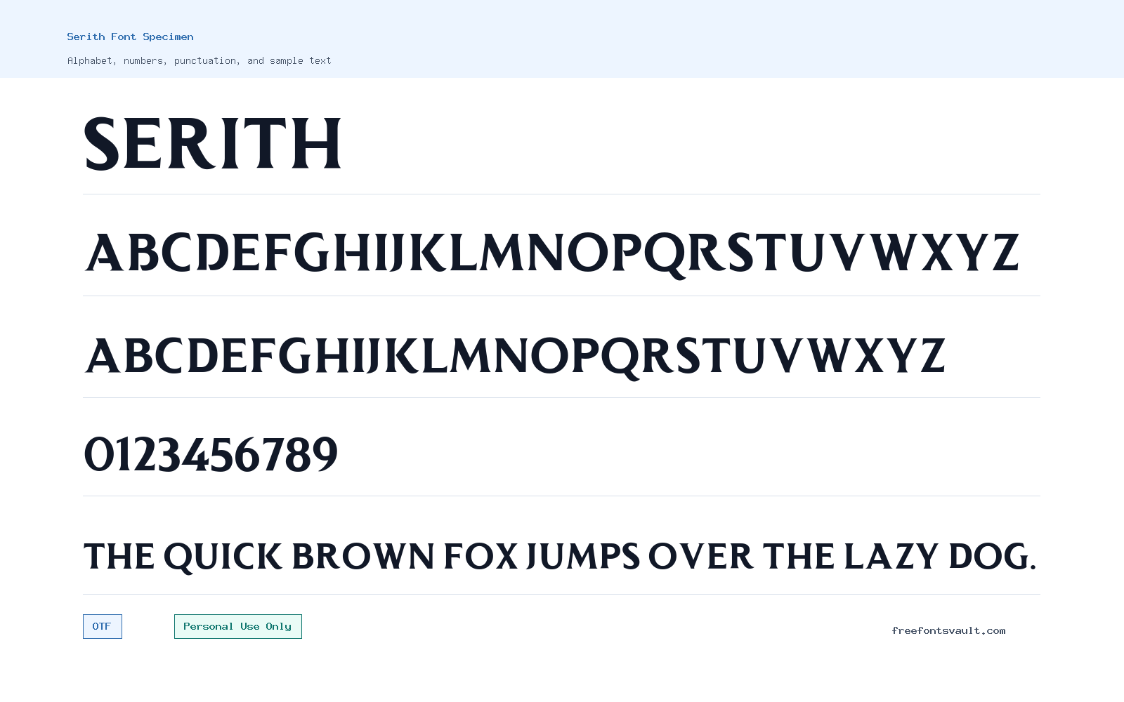 Serith font specimen showing alphabet, numbers, and sample text