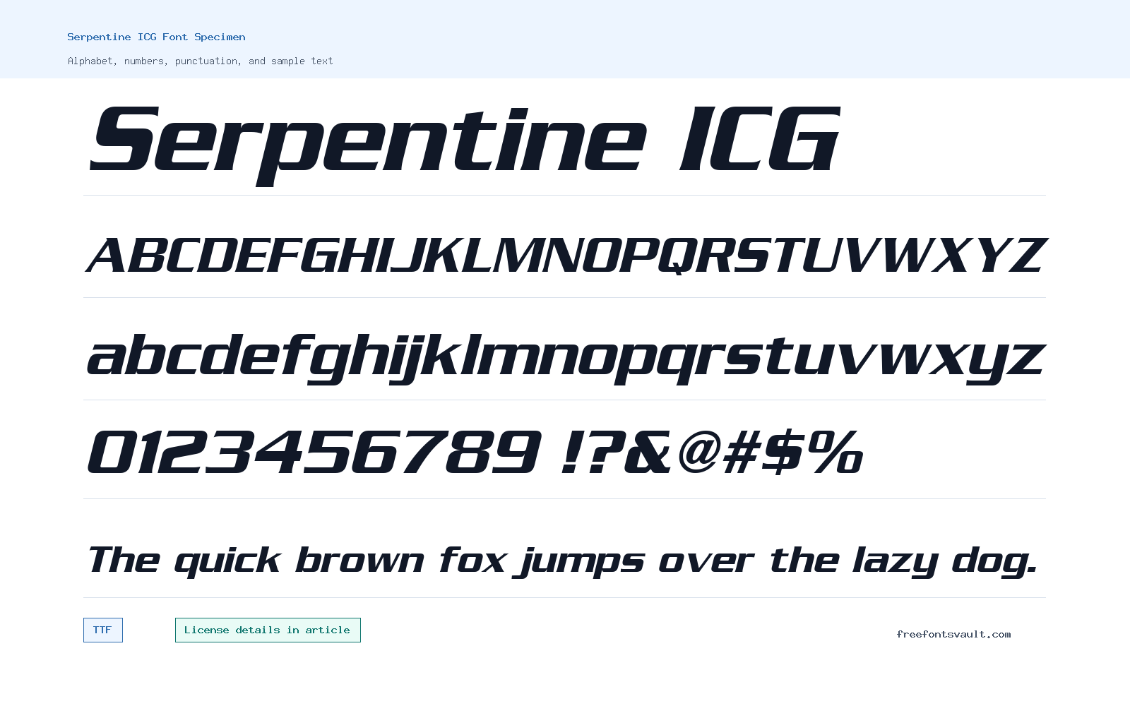 Serpentine ICG font specimen showing alphabet, numbers, and sample text