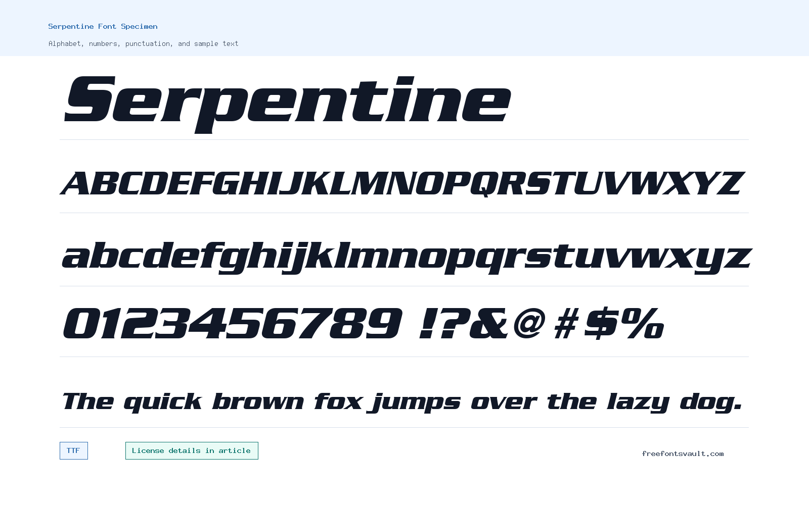 Serpentine font specimen showing alphabet, numbers, and sample text
