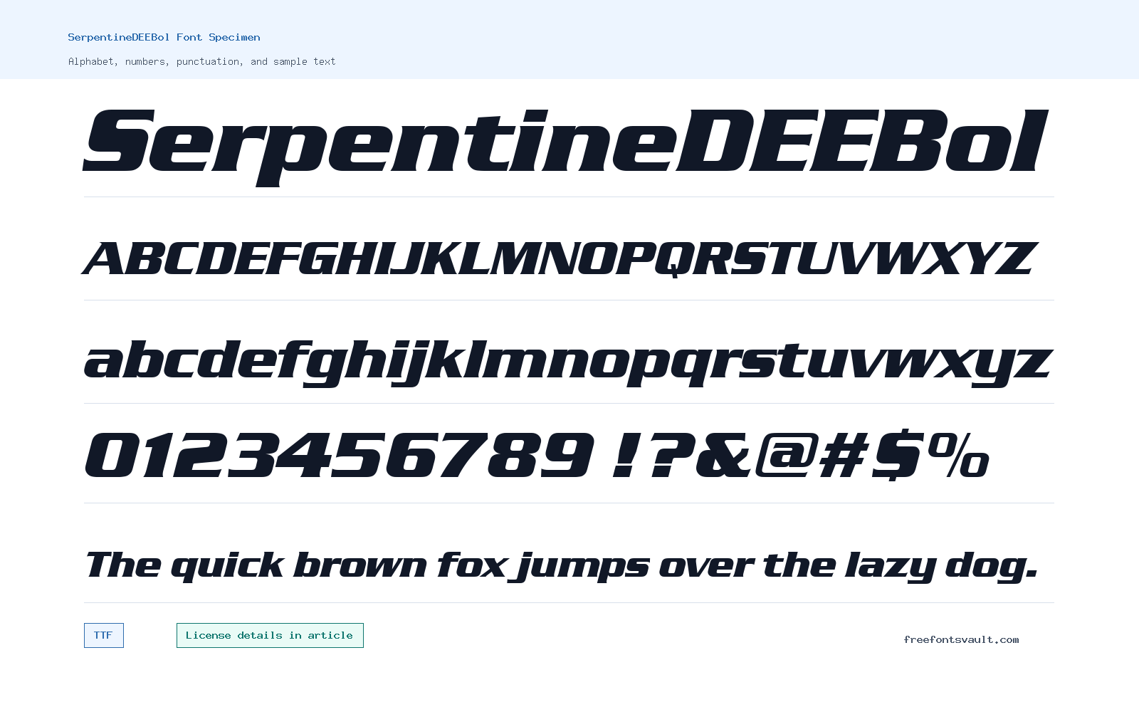 SerpentineDEEBol font specimen showing alphabet, numbers, and sample text