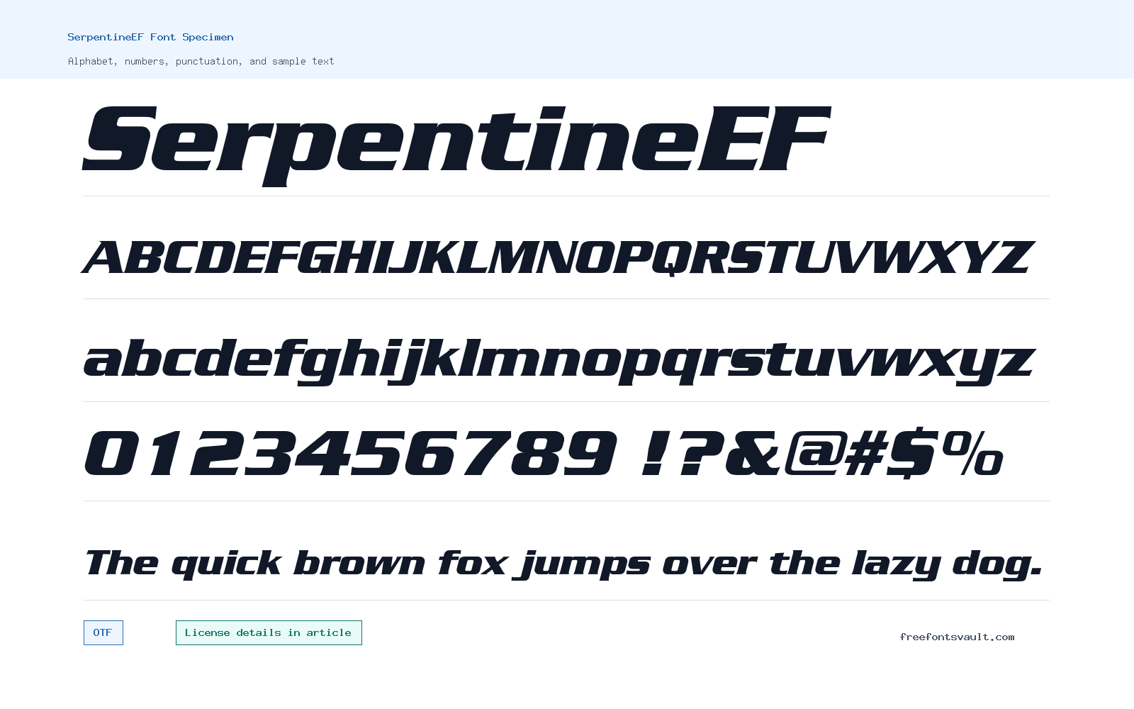 SerpentineEF font specimen showing alphabet, numbers, and sample text