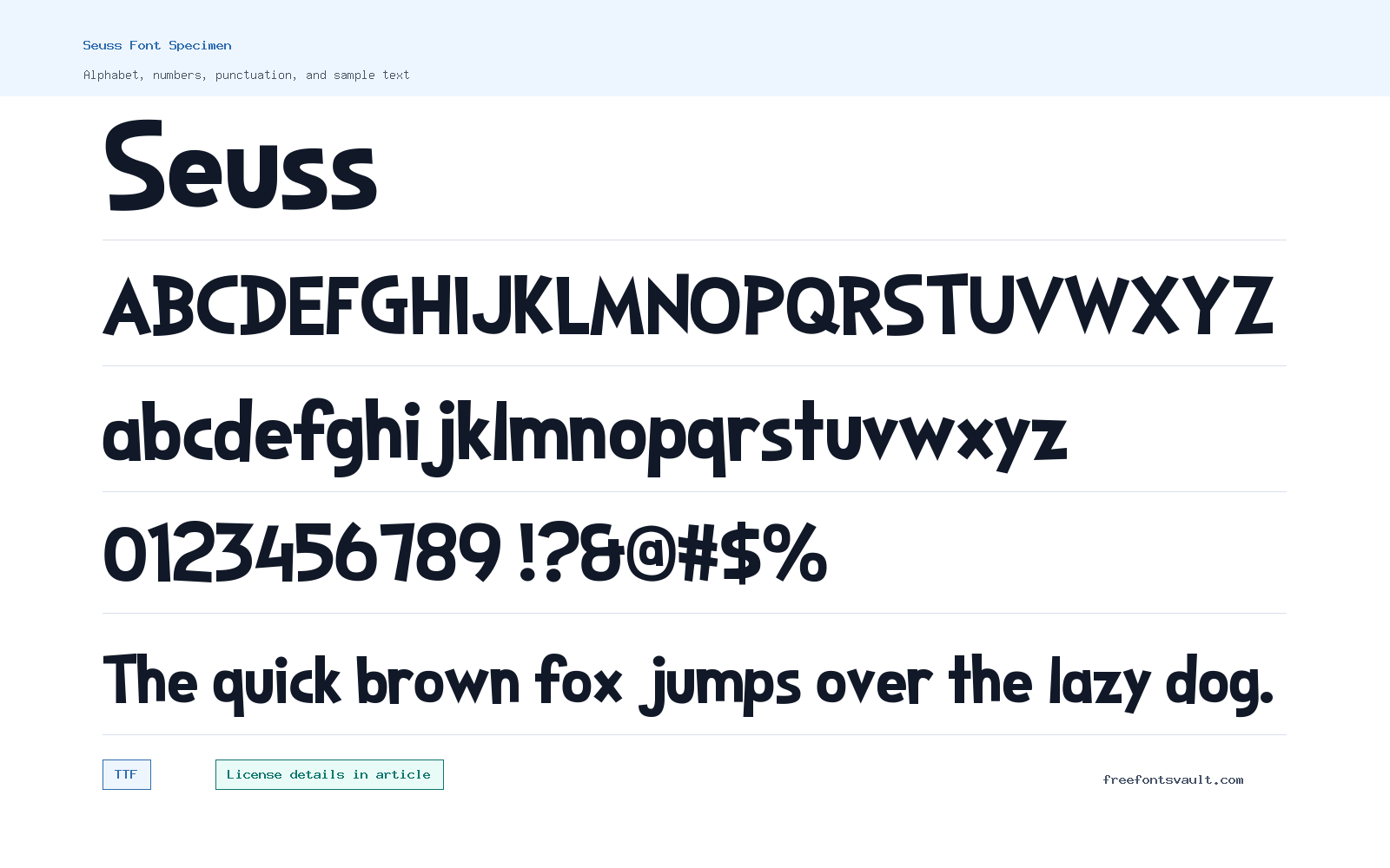 Seuss font specimen showing alphabet, numbers, and sample text