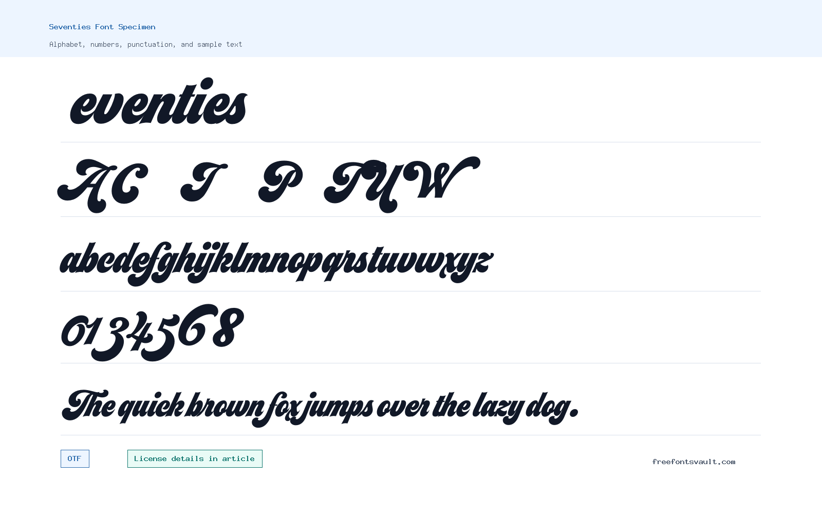 Seventies font specimen showing alphabet, numbers, and sample text