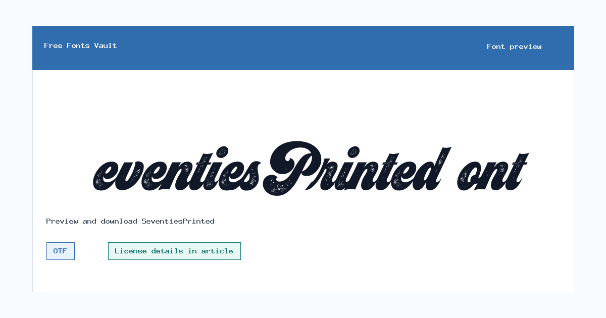 SeventiesPrinted font preview showing the family name