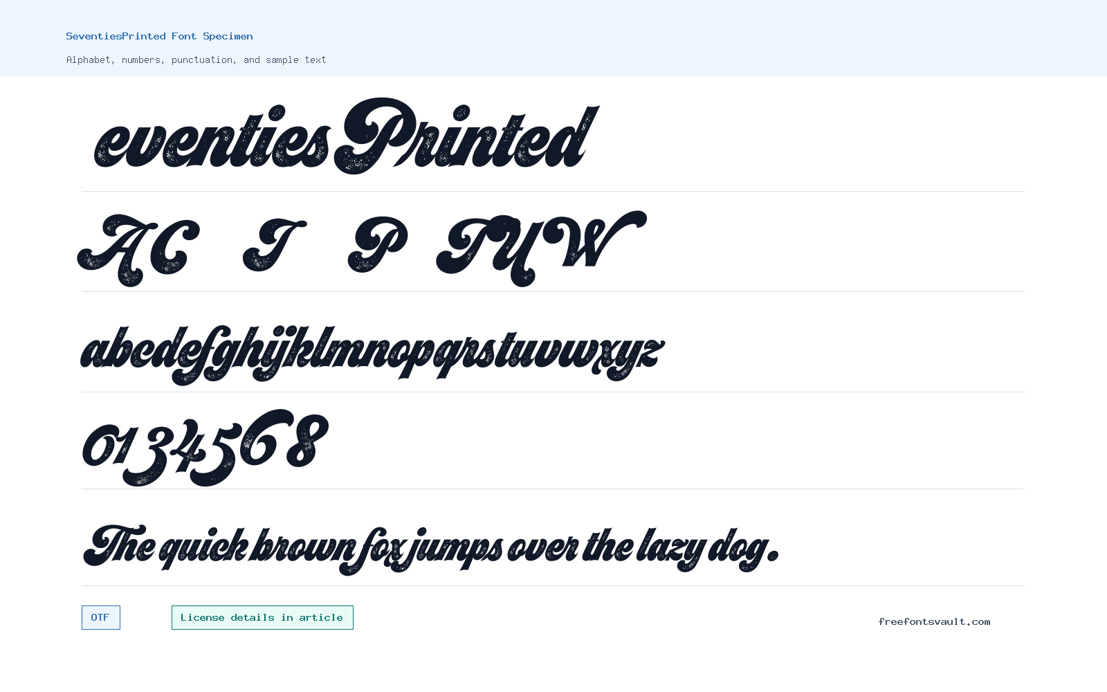 SeventiesPrinted font specimen showing alphabet, numbers, and sample text