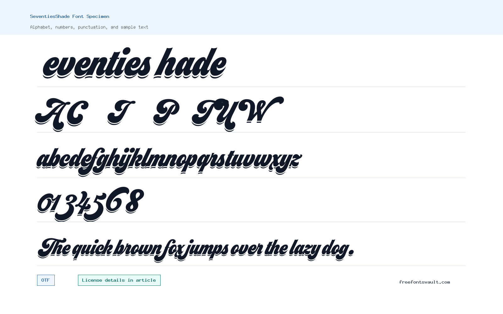 SeventiesShade font specimen showing alphabet, numbers, and sample text