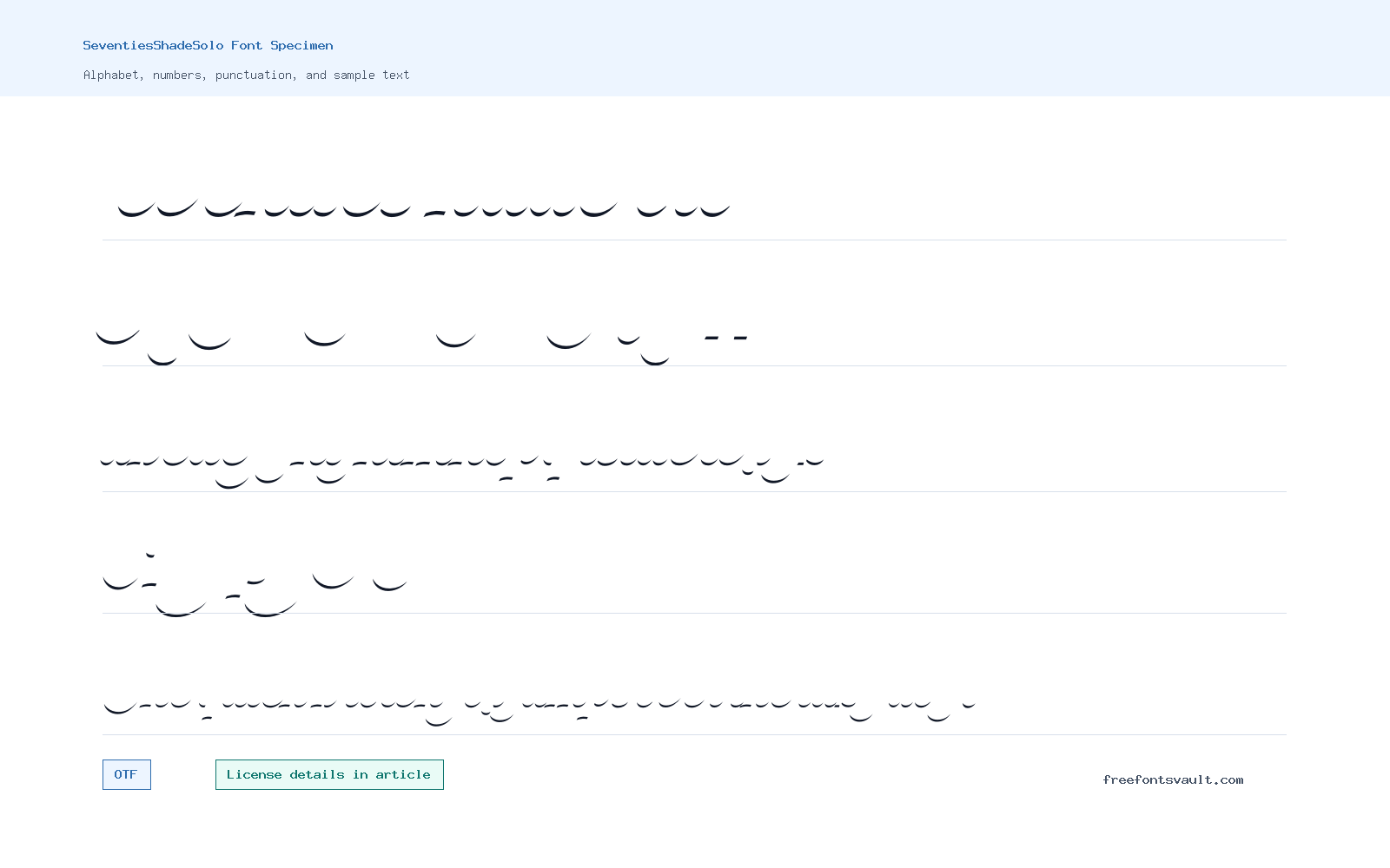 SeventiesShadeSolo font specimen showing alphabet, numbers, and sample text