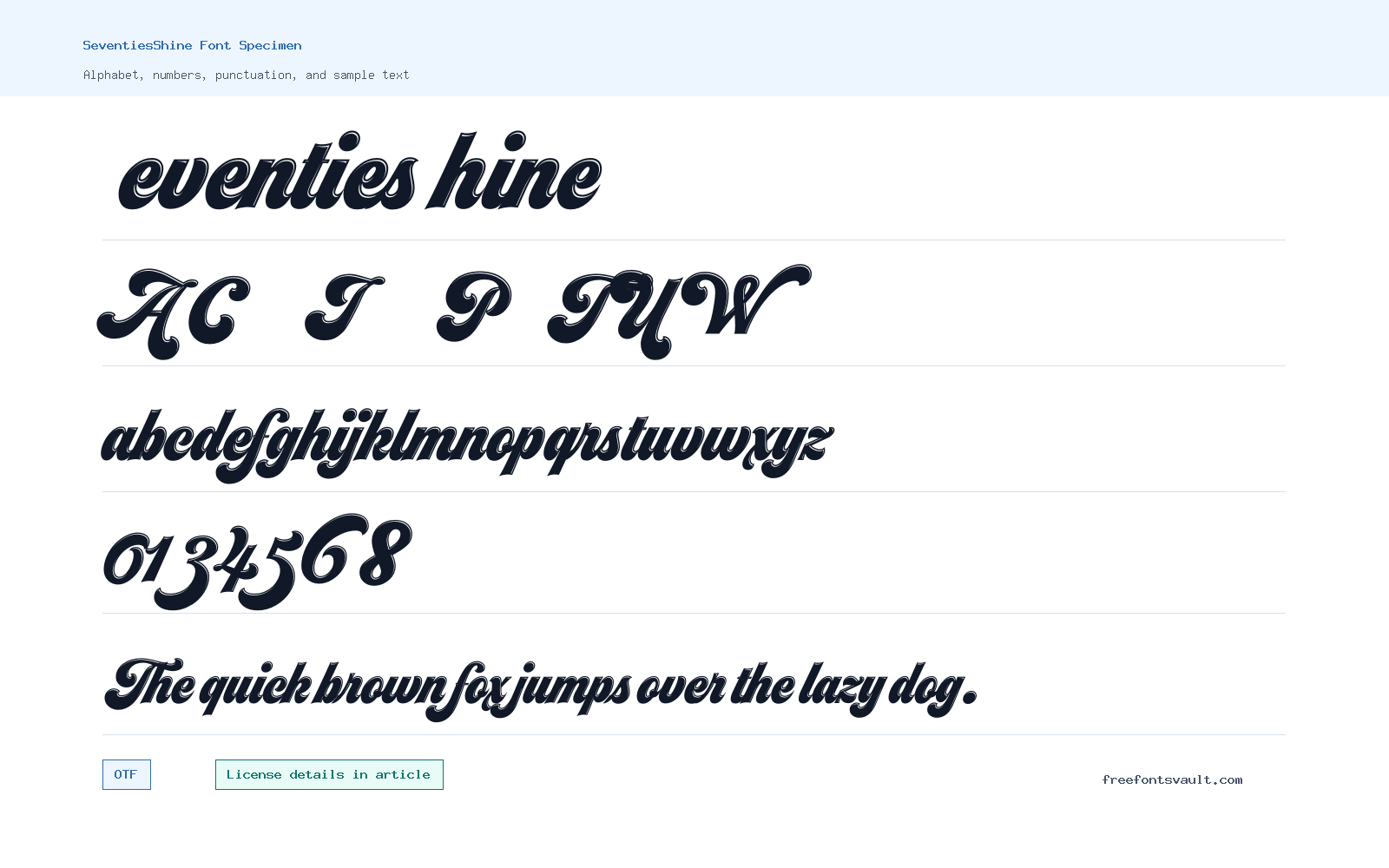 SeventiesShine font specimen showing alphabet, numbers, and sample text