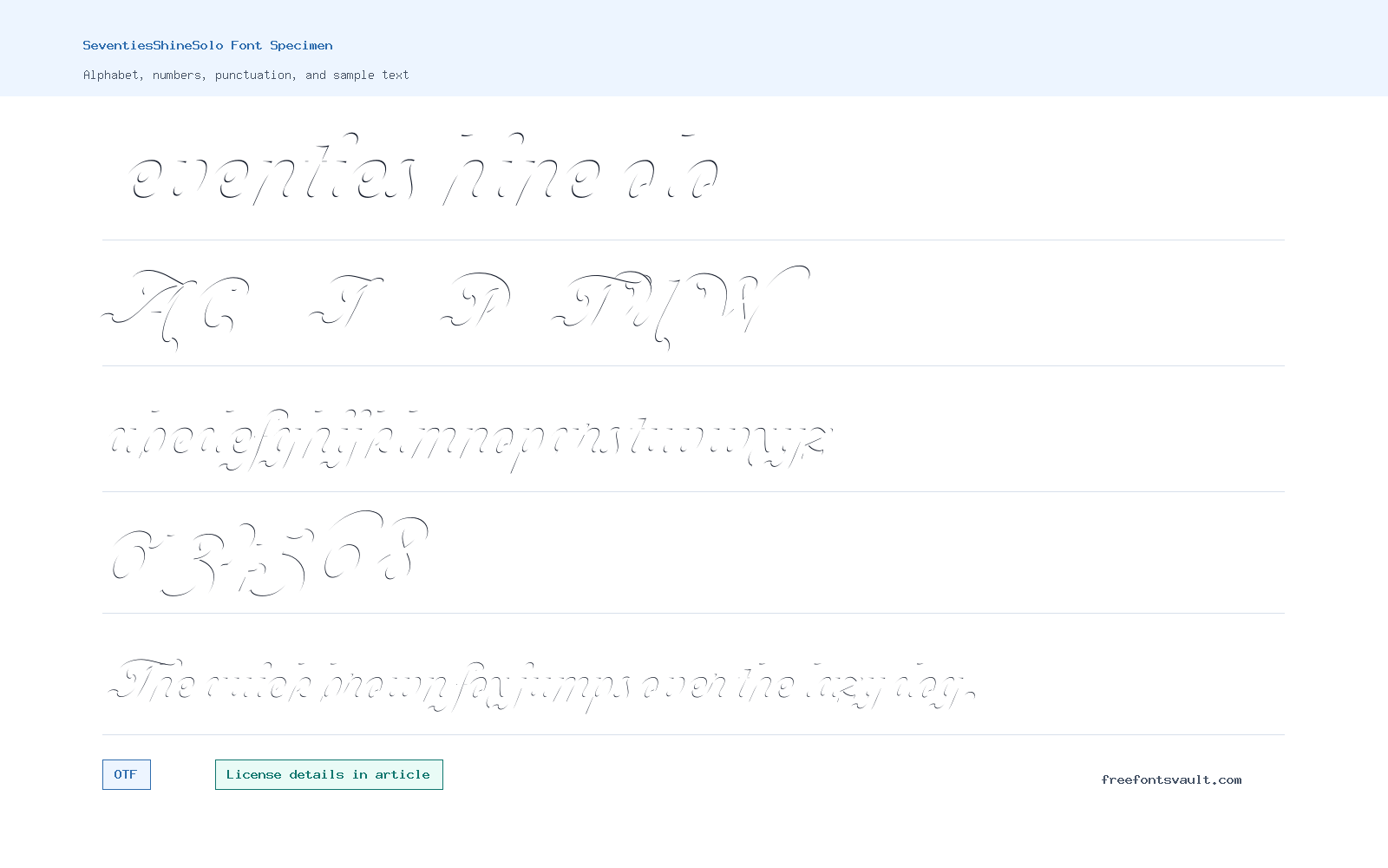SeventiesShineSolo font specimen showing alphabet, numbers, and sample text