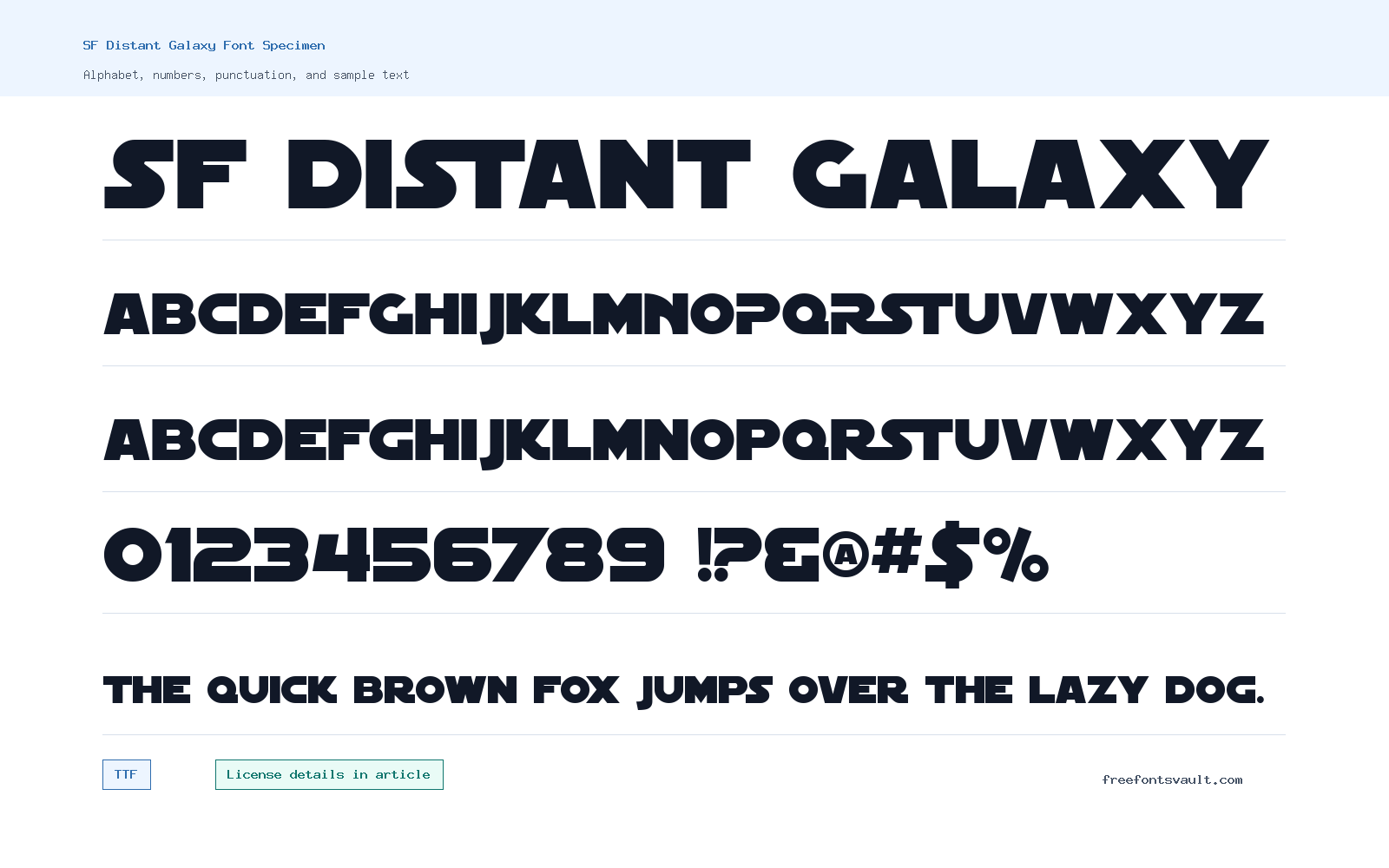 SF Distant Galaxy font specimen showing alphabet, numbers, and sample text